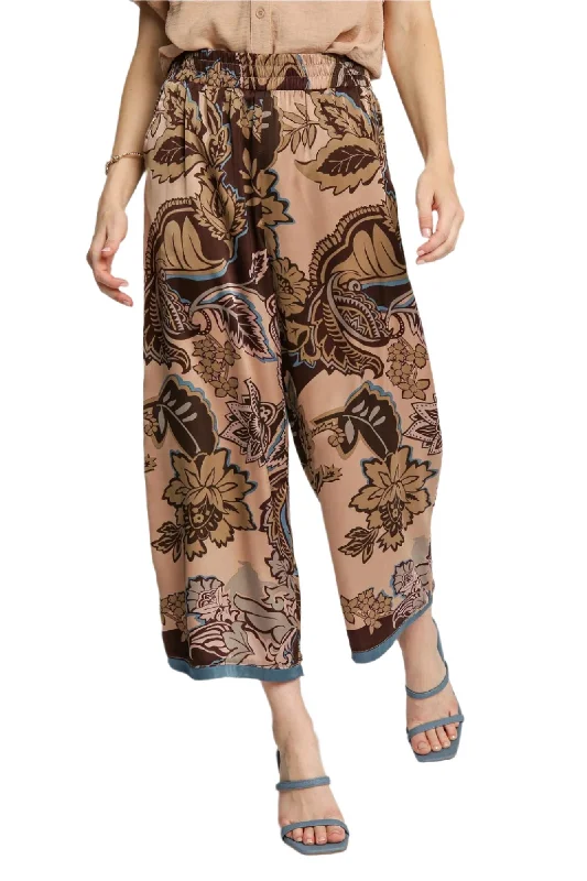 Umgee Brown Mix Paisley Print Pants Fashionable Work Pants