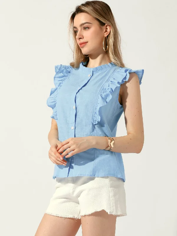 Summer Ruffle Round Neck Button Up Casual Sleeveless Blouse Embroidered Cotton Blouse