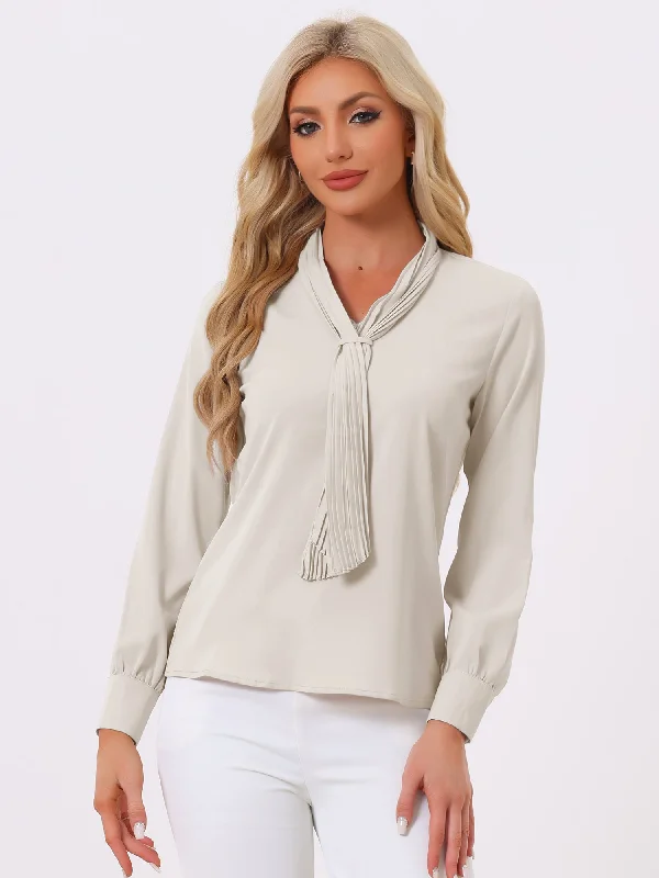 Long Sleeve Pleated Tie Neck Office Chiffon Blouse Loose Oversized Blouse