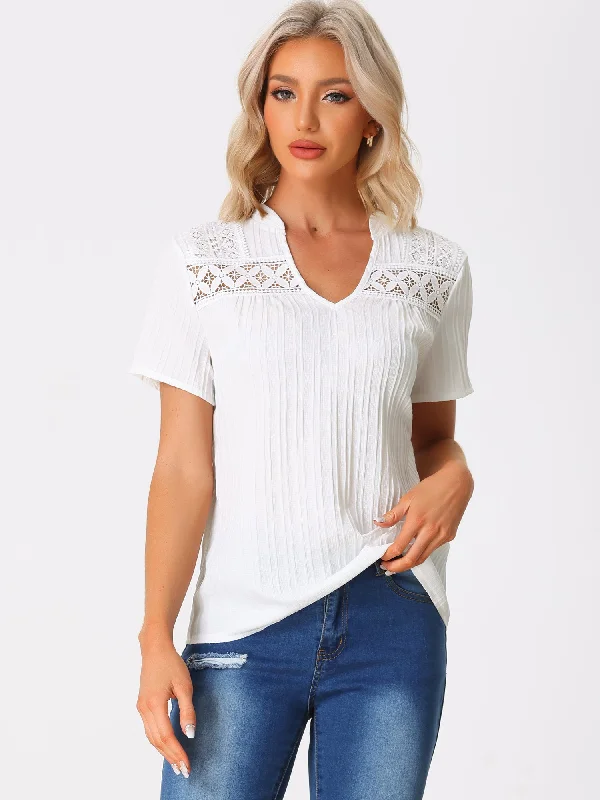 Summer V Neck Short Sleeve Crochet Trim Textured Blouse High Neck Blouse