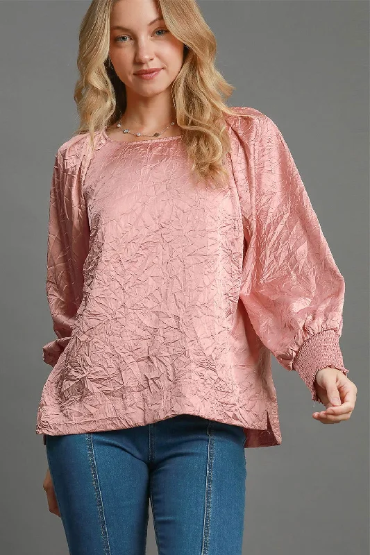 Umgee Wrinkled Round Neck Lantern Sleeve Blouse In Pink Lightweight Linen Blouse