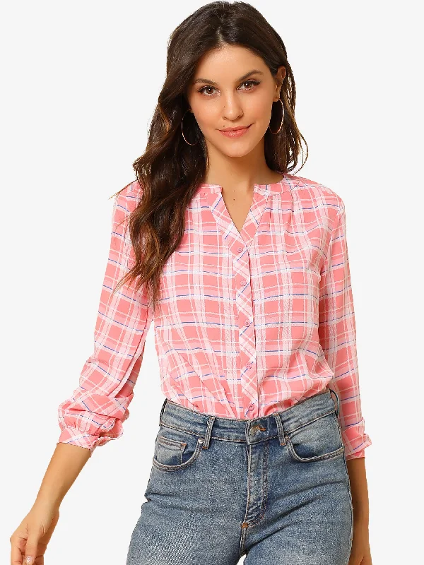 Christmas Plaid Shirt Button Up V Neck Long Sleeve Peasant Blouse Balloon Sleeve Blouse