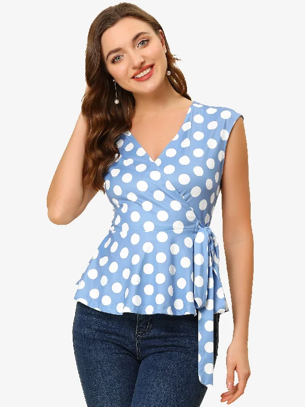 Sleeveless Elegant V Neck Self Tie Front Polka Dot Wrap Blouse Short Sleeve Blouse