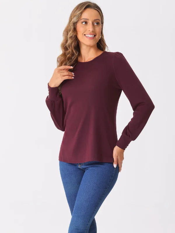 Basic Round Neck Long Sleeve Soft Casual Blouse Ruffled Neck Blouse