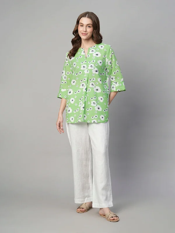 Women's Mint Cotton Linen Regular Fit Blouse Floral Chiffon Blouse