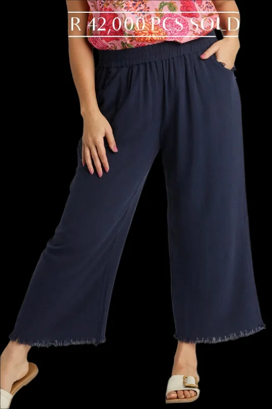 PLUS Umgee Linen Wide Leg Pant with Frayed Hem Slim-Fit Khaki Pants