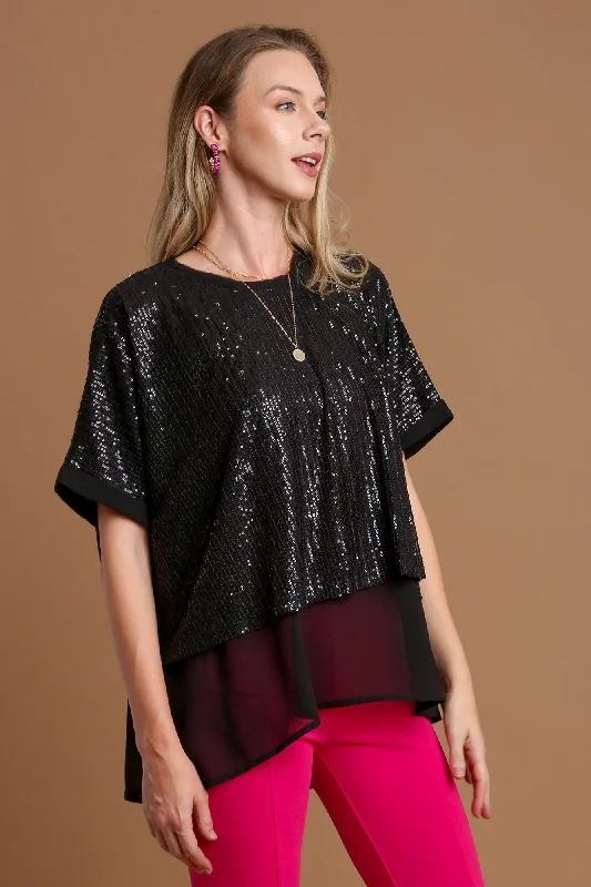 Umgee Sequin Half Sleeve Layered Blouse Satin Drape Blouse