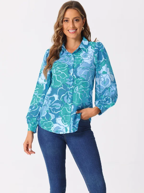 Floral Button Up Puff Long Sleeve Casual Blouse Wrap Front Blouse