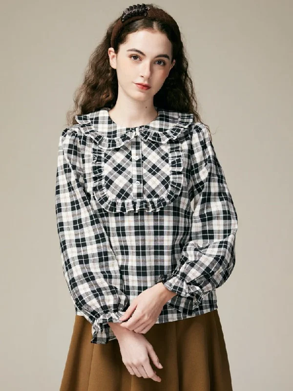 Black & White Check Ruffle Cotton Blouse【s0000000886】 Floral Print Blouse