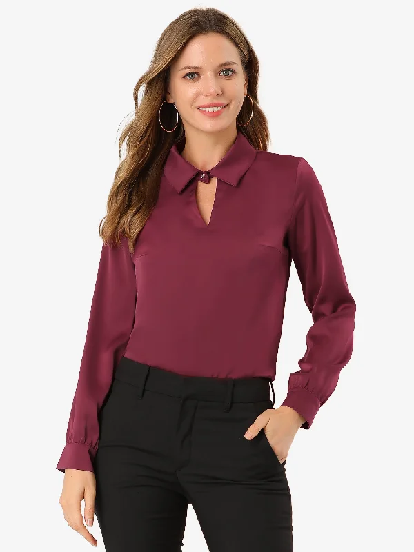 Silky Satin Long Sleeve Elegant Office Keyhole Collared Blouse Wrap Front Blouse