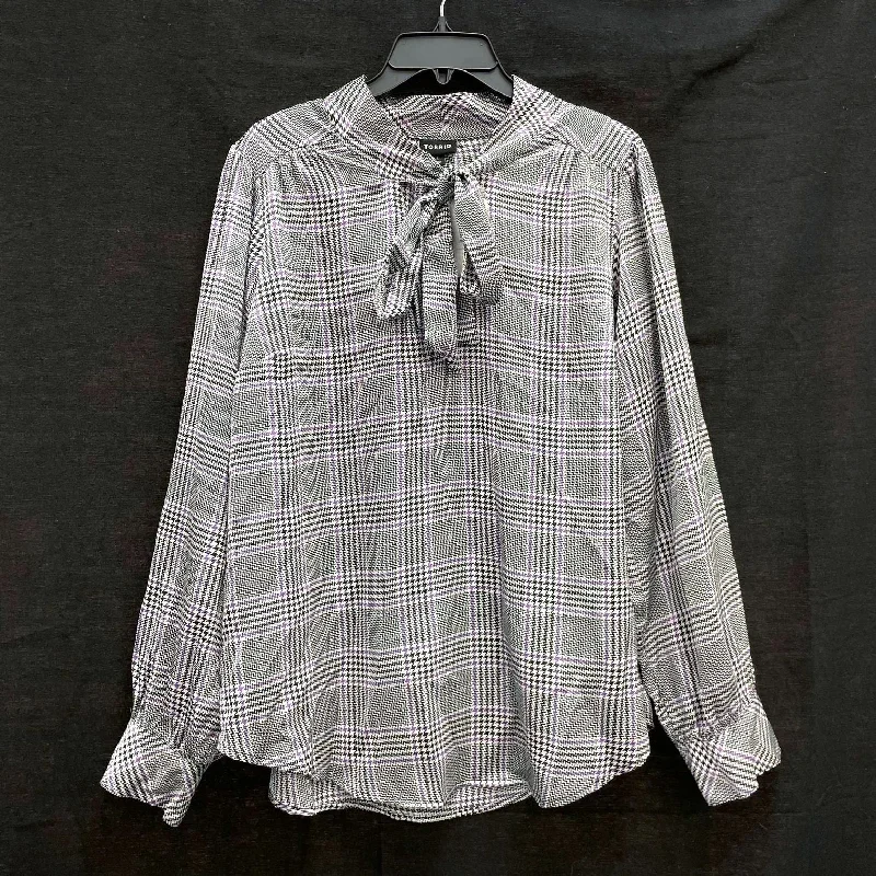 NWT Wmns TORRID Purple Black Plaid Pussy Bow Long Puff Sleeve Satin Blouse Sz 1X Chic Ruffle Blouse