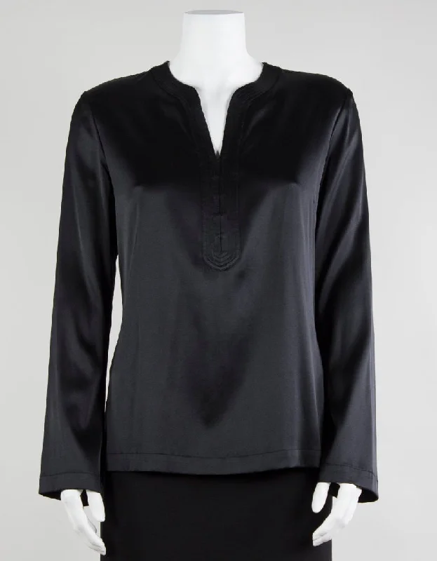 Elie Tahari Black Silk Tunic Blouse With Bell Style Sleeves Size Small Airy Cotton Blouse