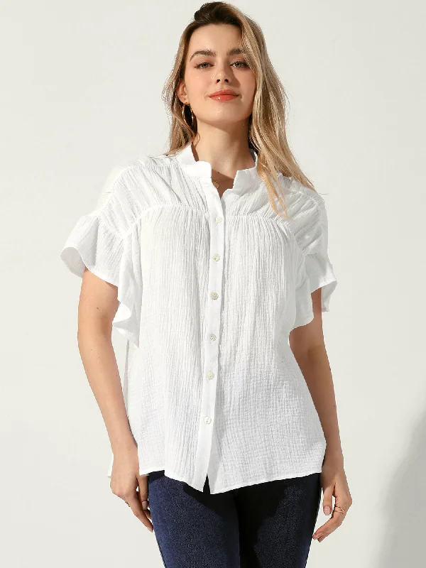 Button Up Textured Ruffle Sleeve Casual Blouse Collared Satin Blouse