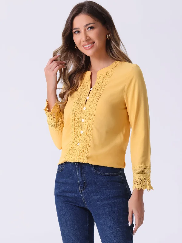 Boho Half Button Placket Long Sleeve Lace Crochet Blouses Semi-Sheer Blouse