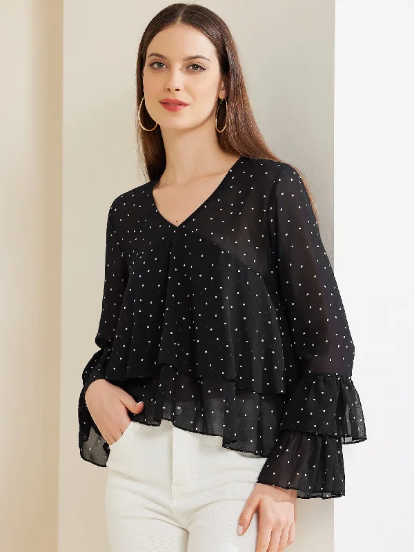 Polka Dot Mesh Long Sleeve Flouncing Casual Blouse Satin Drape Blouse