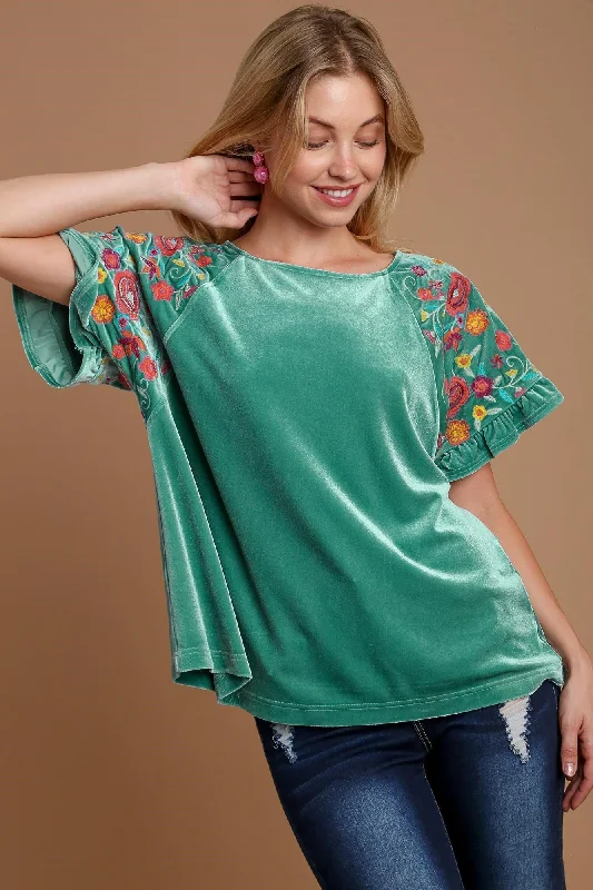 Umgee Velvet Embroidery Short Sleeve Blouse In Turquoise Elegant Lace Blouse