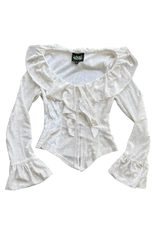 Vampy White Velvet Ruffle Blouse Off-Shoulder Wrap Blouse