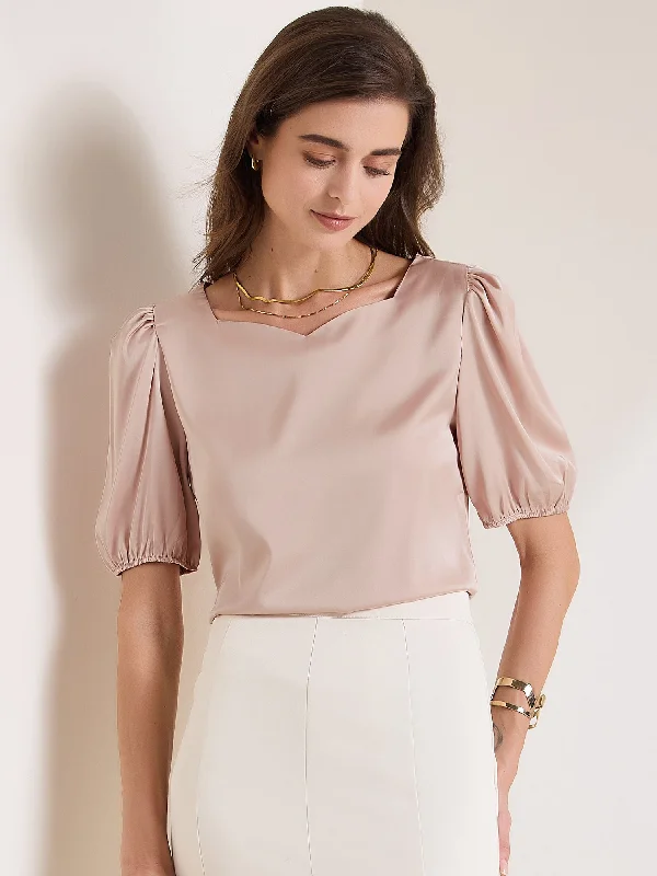 Sweetheart Neck Puff Short Sleeve Office Work Satin Blouse Feminine Pastel Blouse