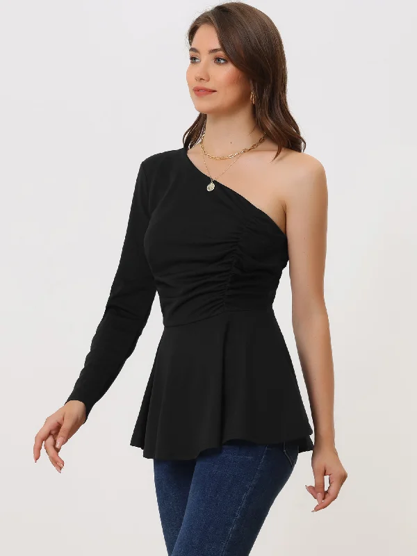 One Shoulder Long Sleeve Ruched Peplum Solid Blouse Double-Layered Blouse