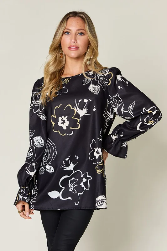 Double Take Full Size Printed Flounce Sleeve Blouse Smart Business Blouse