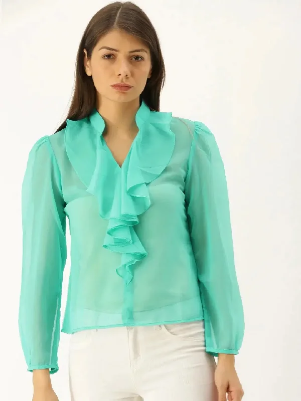 Frill neck Blouse in Mint Blue Elegant Silk Blouse