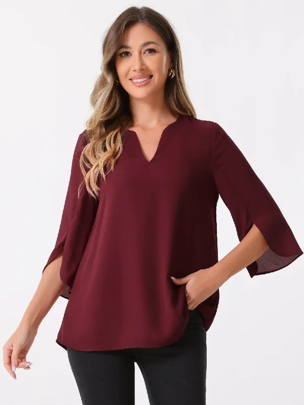 3/4 Split Sleeve Notch Neck Flowy Mesh Casual Blouse Double-Layered Blouse