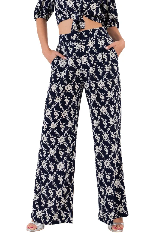 Navy Blue Floral Print Wide-Leg Pants Chic Checkered Pants