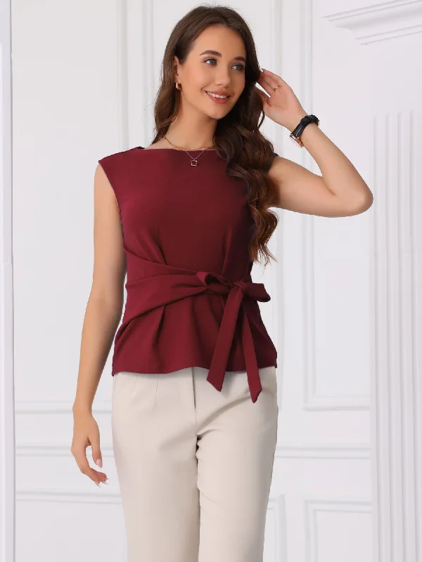 Tie Front Boat Neck Sleeveless Work Blouse Office-Ready Blouse