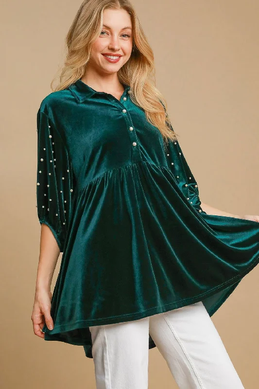 Umgee Pearl Detail Half Sleeve Velvet Babydoll Blouse - Greeen Asymmetric Hem Blouse