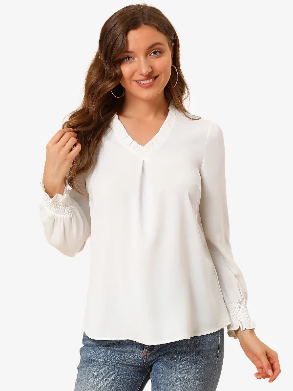 Work Shirt Ruffled V Neck Long Sleeve Workwear Solid Blouse Subtle Shimmer Blouse