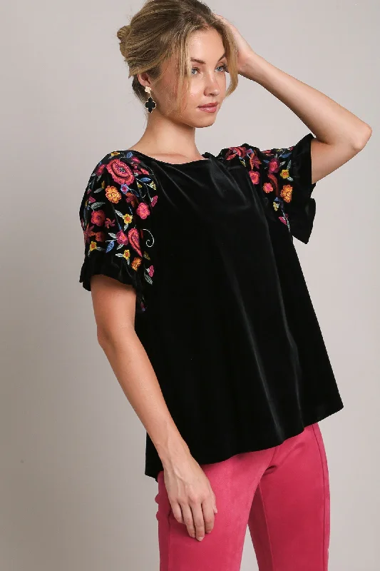 Umgee Velvet Embroidery Short Sleeve Blouse In Black Sheer Mesh Blouse