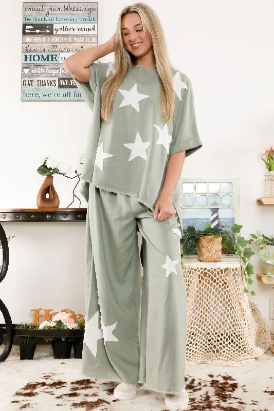 LINEN BLENDS STAR PATCH TOP & PANTS SET Comfy Zip-Up Pants