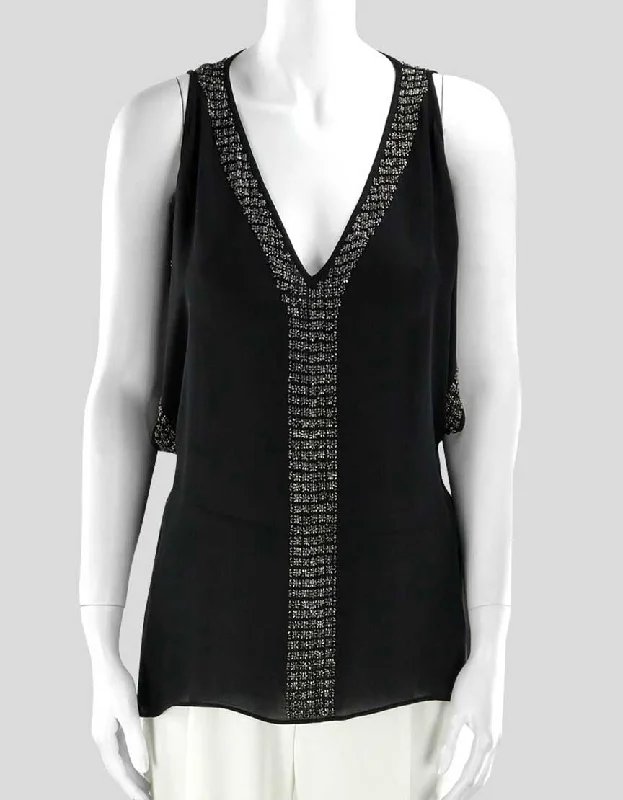 Parker Women's Open Shoulder Black Silk Evening Blouse Deep V-Neck And Metal Accents Size X-Small Feminine Ruffle Blouse