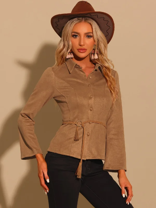 Faux Suede Point Collar Casual Button Down Long Sleeve Blouse Flowy Bohemian Blouse