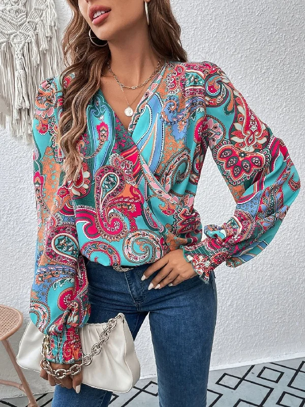 Printed Faux Wrap Lantern Sleeve Blouse Office-Ready Blouse