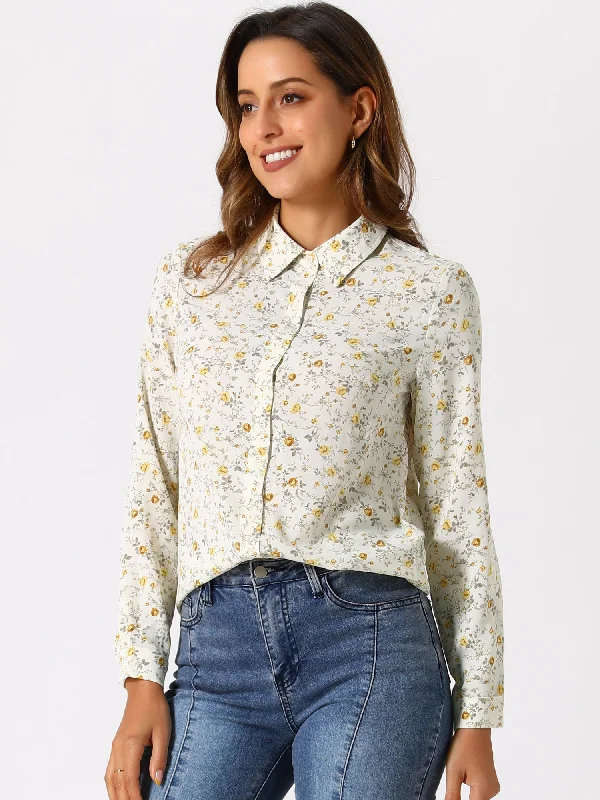 Button Down Floral Long Sleeve Point Collar Blouse Vintage Polka Blouse