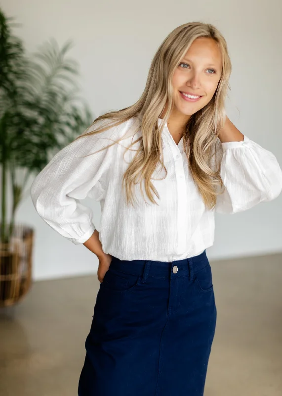 White Cotton Button Up Blouse - FINAL SALE Ruched Sleeve Blouse