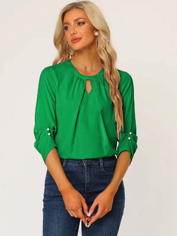 Office Keyhole Pleated 3/4 Sleeve Chiffon Blouse Asymmetric Hem Blouse