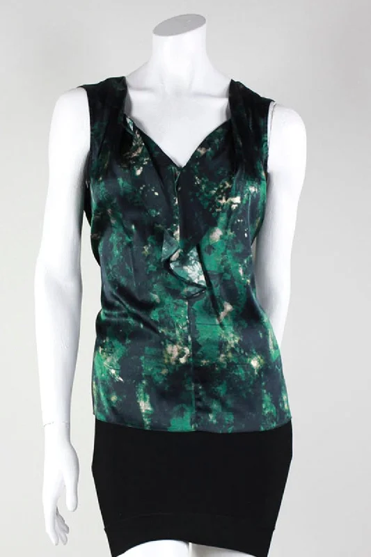 Elie Tahari Green Black And Cream Abstract Print Sleeveless Blouse Size L Sleeveless Summer Blouse