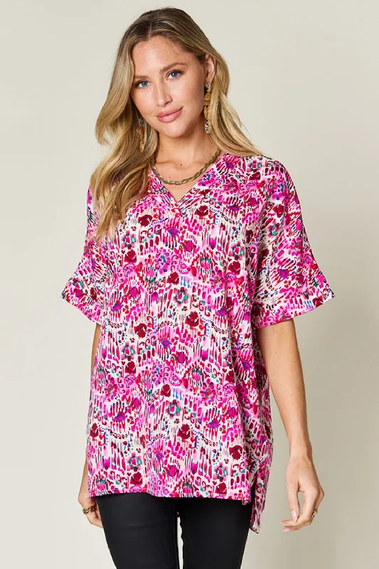 Double Take Full Size Printed V-Neck Short Sleeve Blouse Office-Ready Blouse