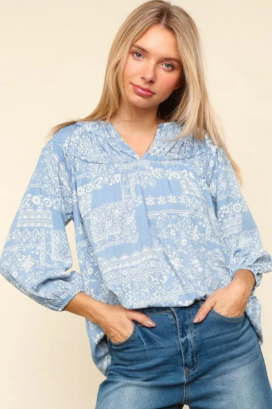 Haptics Full Size Printed Notched Balloon Sleeve Blouse Pleated Collar Blouse