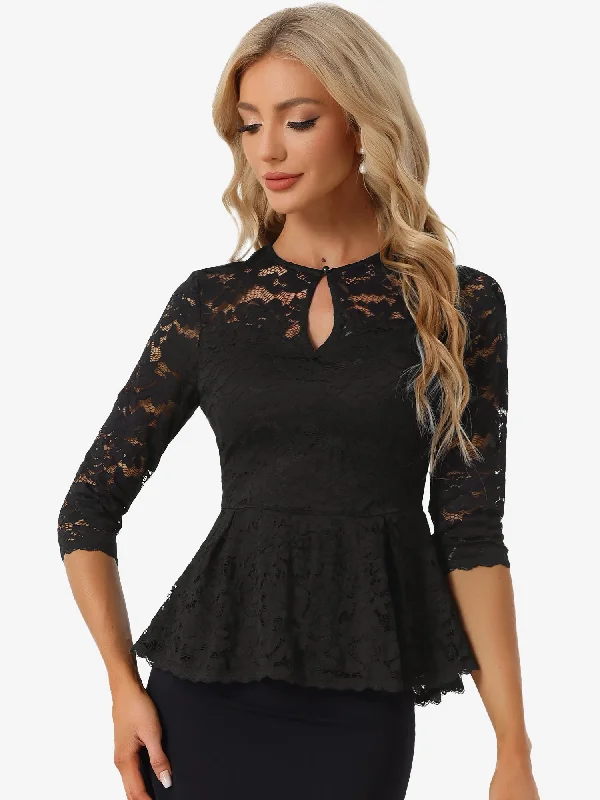 Lace Elegant Solid Color Sheer 3/4 Sleeve Peplum Blouse Delicate Pleat Blouse