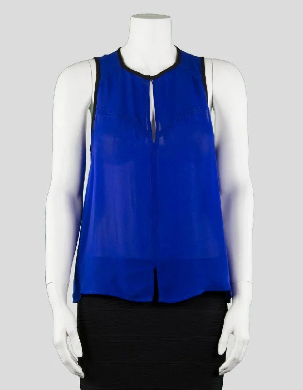 A.L.C. Blue Sleeveless A Line Blouse With Black Trim And Peep Hole At Collar And On Back And Slit At Front Waist Size Small Chic Sleeveless Blouse