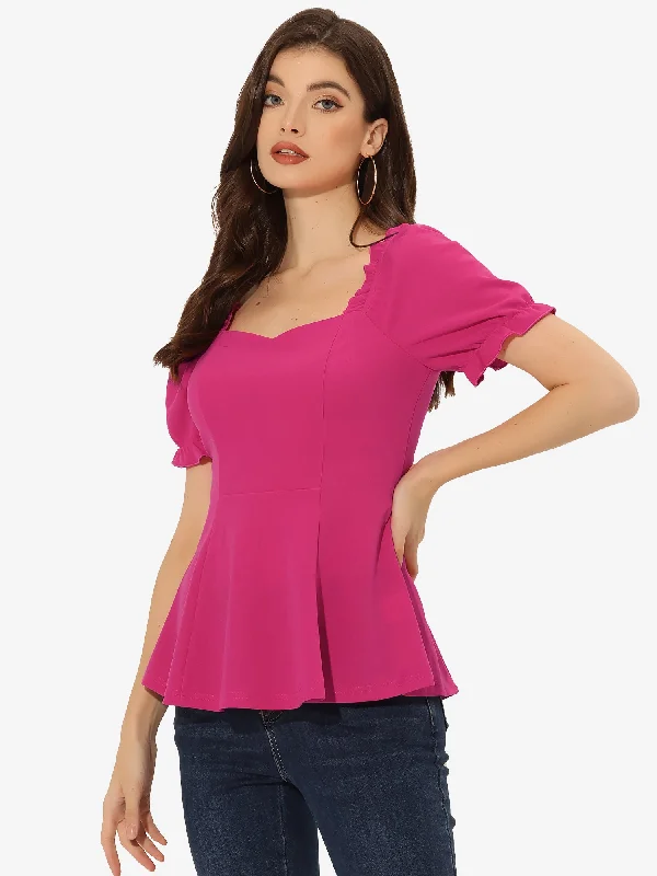 Ruffles Sweetheart Neck Puff Sleeve Peplum Blouse Chic Sleeveless Blouse