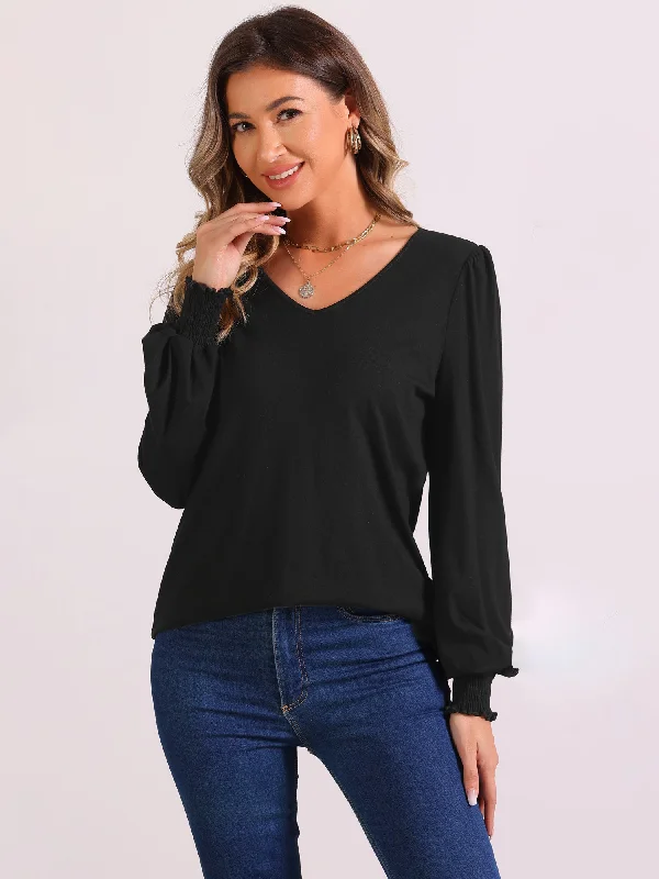 V Neck Puff Long Sleeve Smocked Cuff Casual Blouse Lightweight Chiffon Blouse