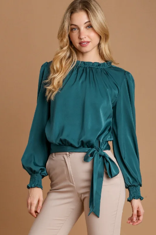 Umgee Frill Tied Hem Long Sleeve Blouse Backless Summer Blouse