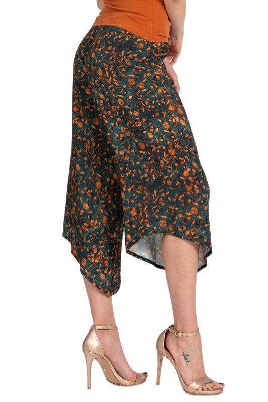 Petrol Vintage Floral Asymmetric Cropped Pants Fashionable Button-Up Pants