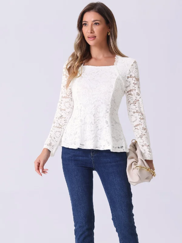 Lace Square Neck Long Sleeve Stertch Peplum Blouse Casual Stripe Blouse