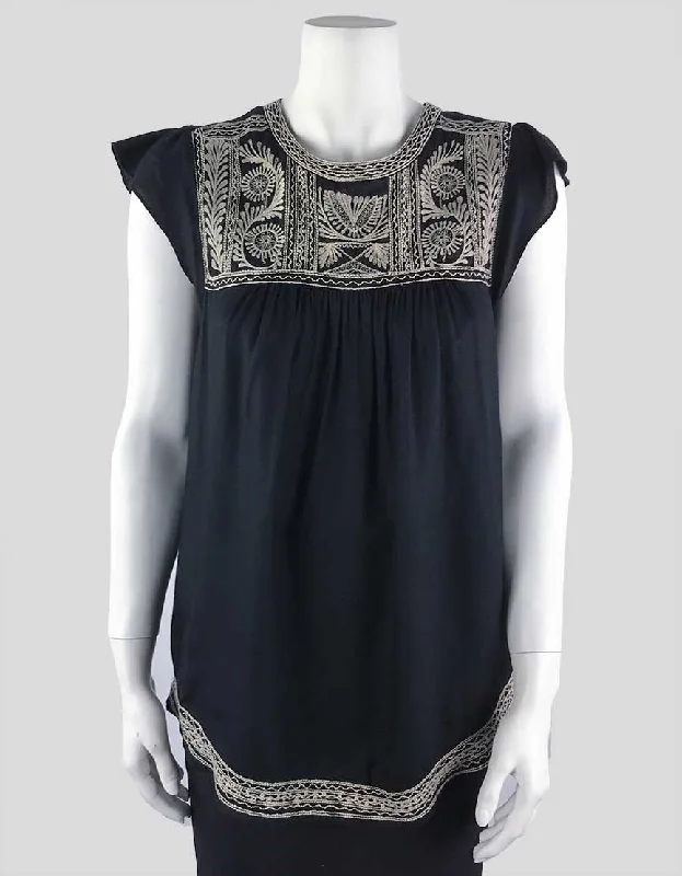 Joie Black Short Sleeved Blouse With Tan Embroidery Accent - Small Pleated Collar Blouse