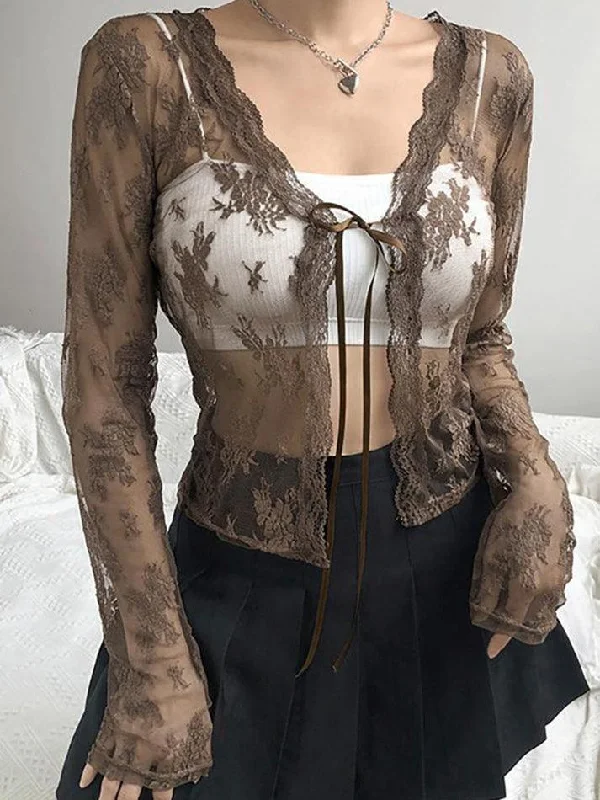 Open Front Lace Long Sleeve Crop Blouse Semi-Sheer Blouse